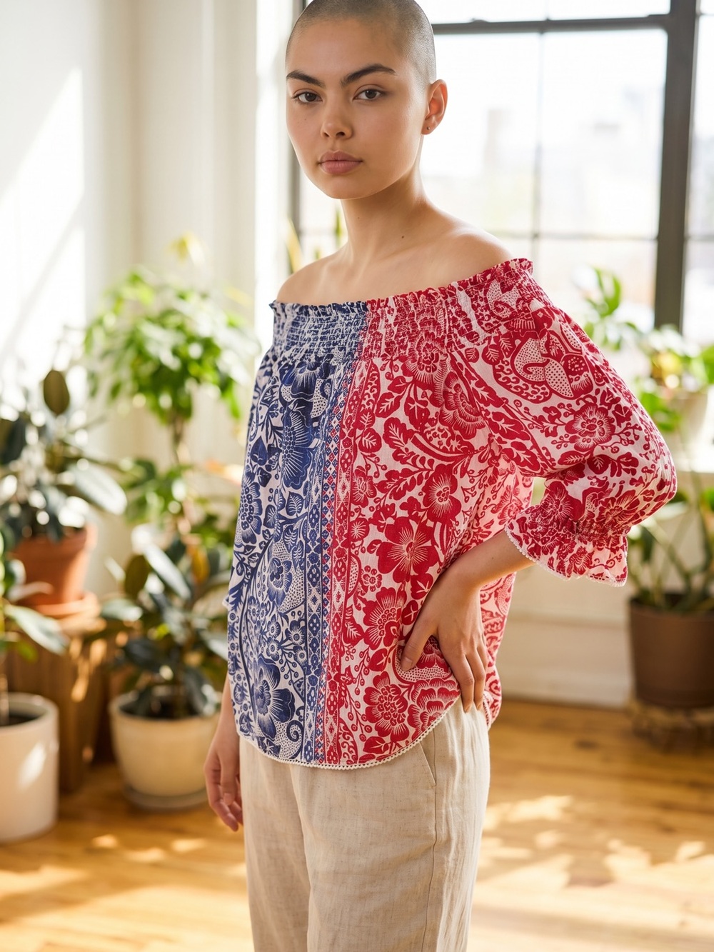 Chico's Off-Shoulder Split Floral Blouse in Red and Blue